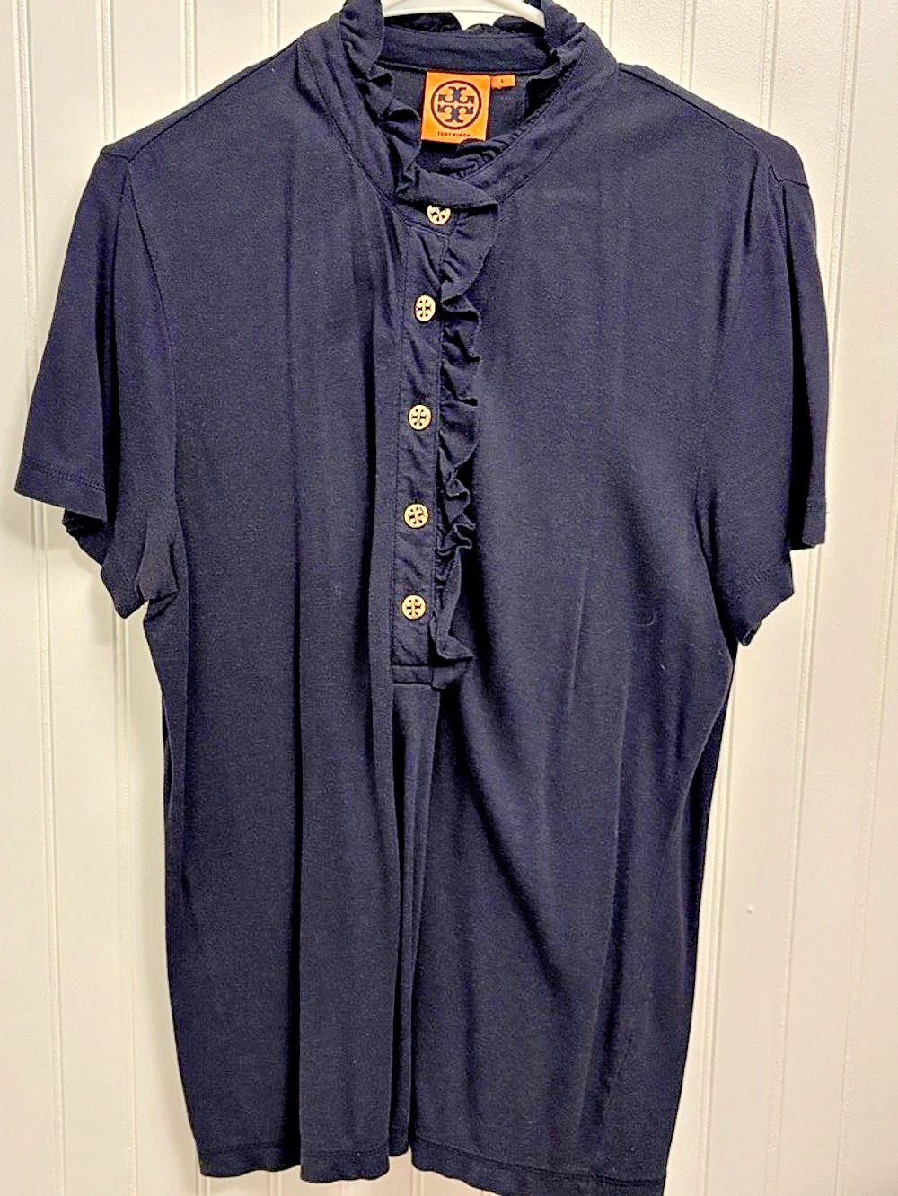Tory Burch Lidia Ruffle Collar Polo Black Size Large